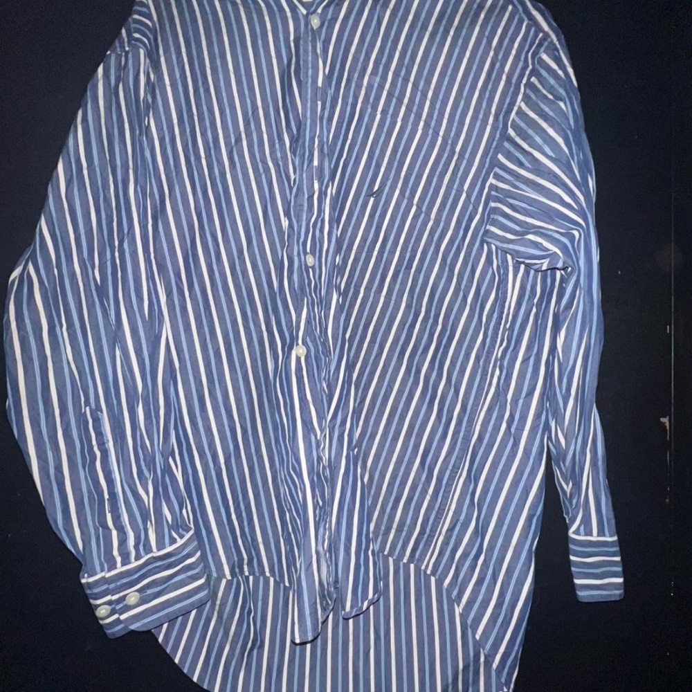 Nautica Blue and White Striped Button-Up Shirt